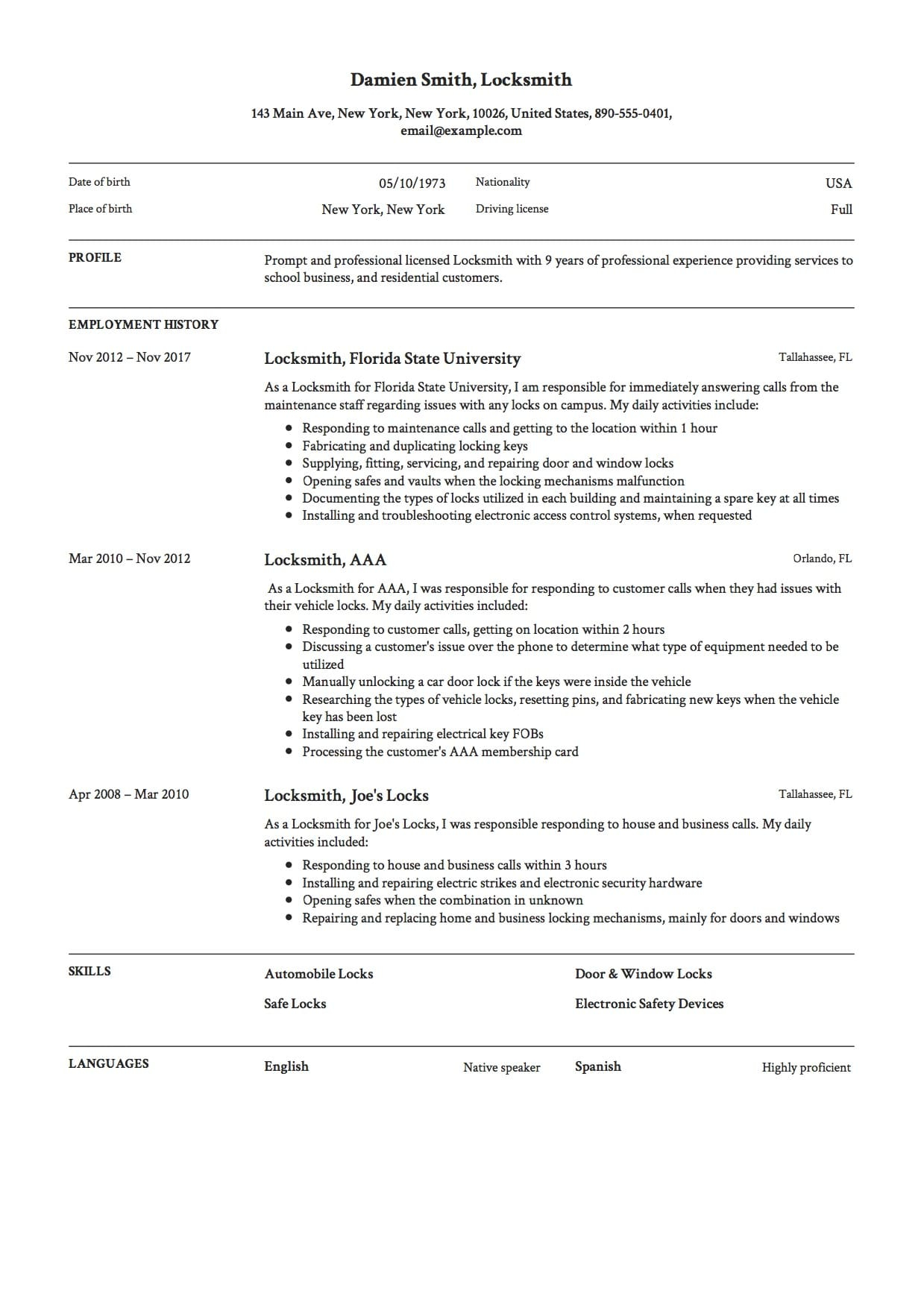 12 Locksmith Resume Samples 2018 Free Download Creative Designs with regard to measurements 1239 X 1754