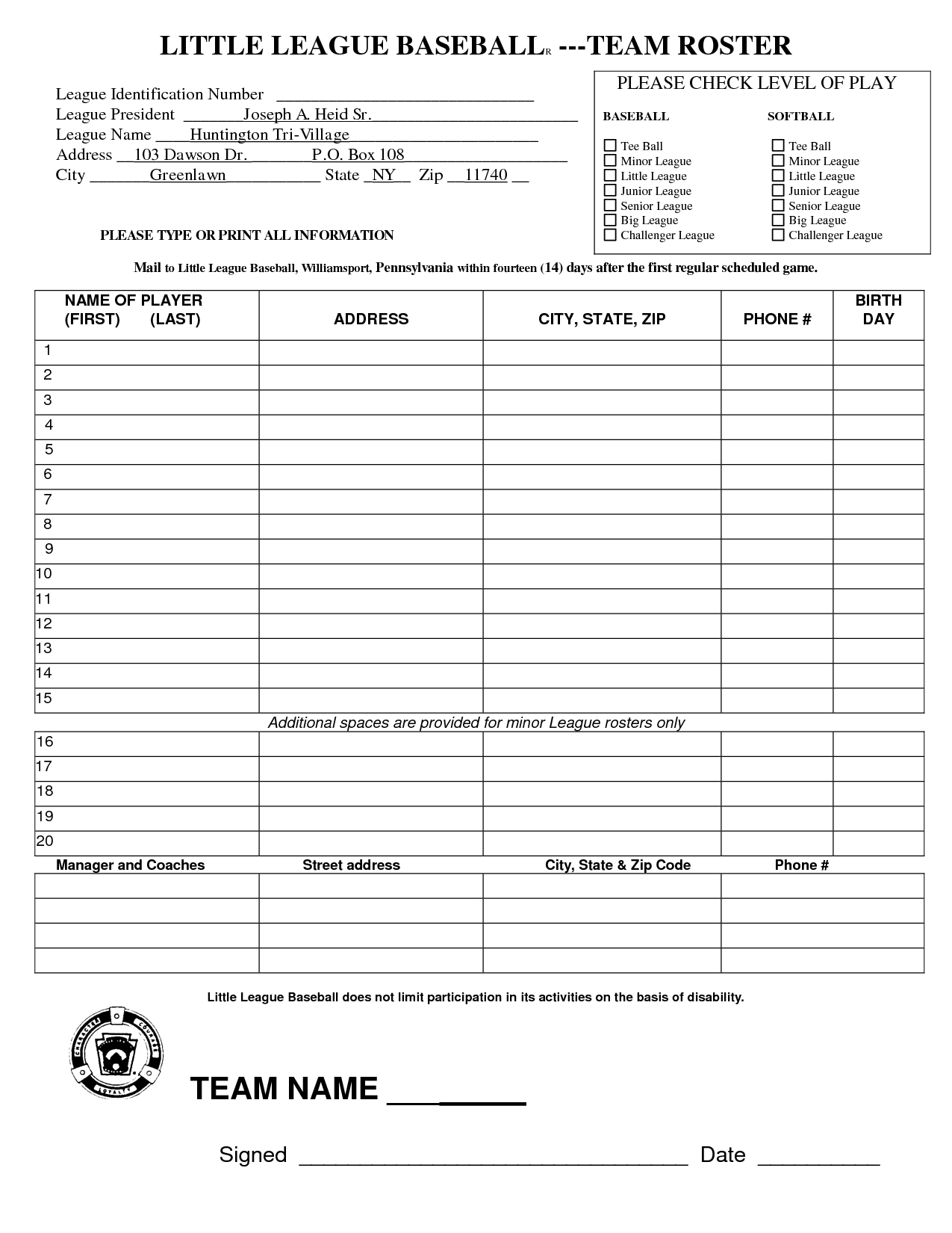 68508252 Baseball Roster Template Little League Baseball Team Roster inside proportions 1275 X 1650