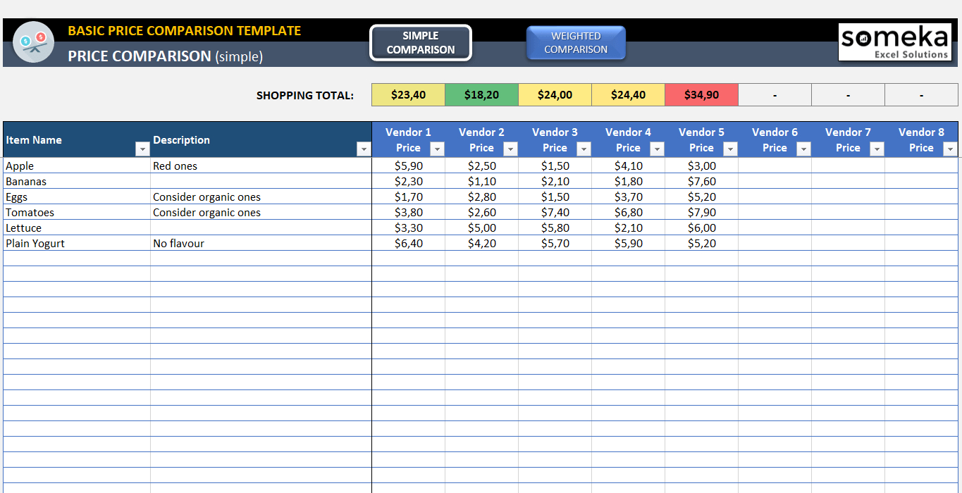 Basic Price Comparison Template For Excel Free Download with regard to size 1365 X 700