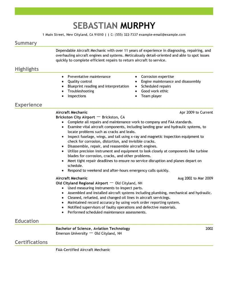 Best Aircraft Mechanic Resume Example Livecareer throughout measurements 800 X 1035