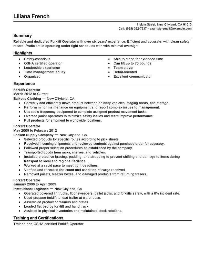 Best Forklift Operator Resume Example Livecareer for measurements 800 X 1035