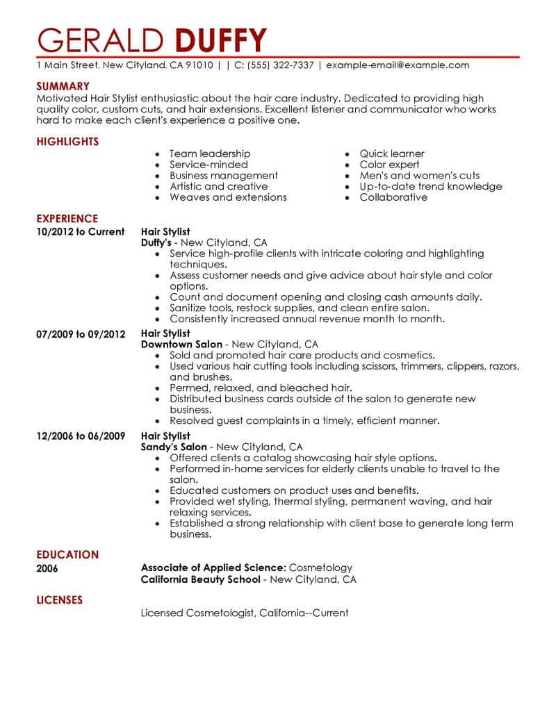 Best Hair Stylist Resume Example Livecareer inside size 800 X 1035