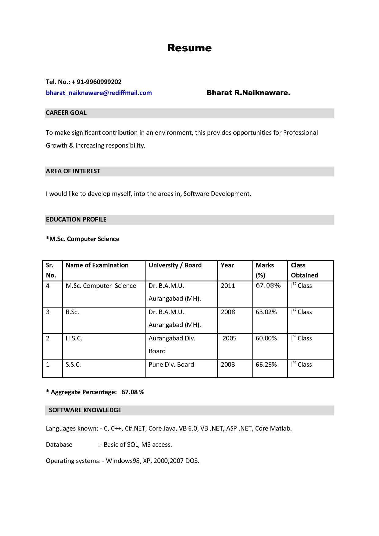 Best Resume Format Pdf For Freshers Sample Job Resume Format Vinay within sizing 1240 X 1754