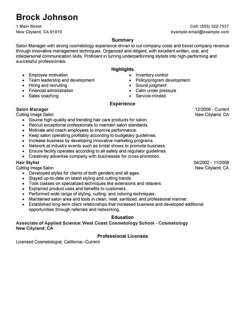 Best Salon Manager Resume Example Livecareer throughout size 800 X 1035