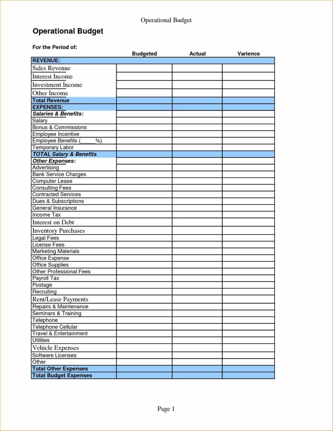 Operational Budget Template Business Template Ideas