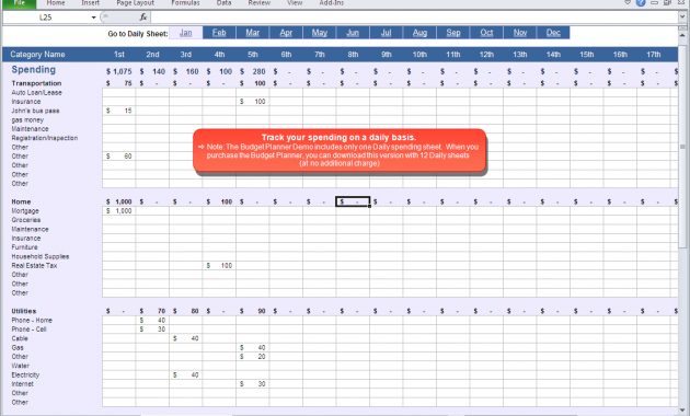 Budget Planner Daily Spending Spreadsheet with measurements 1136 X 766