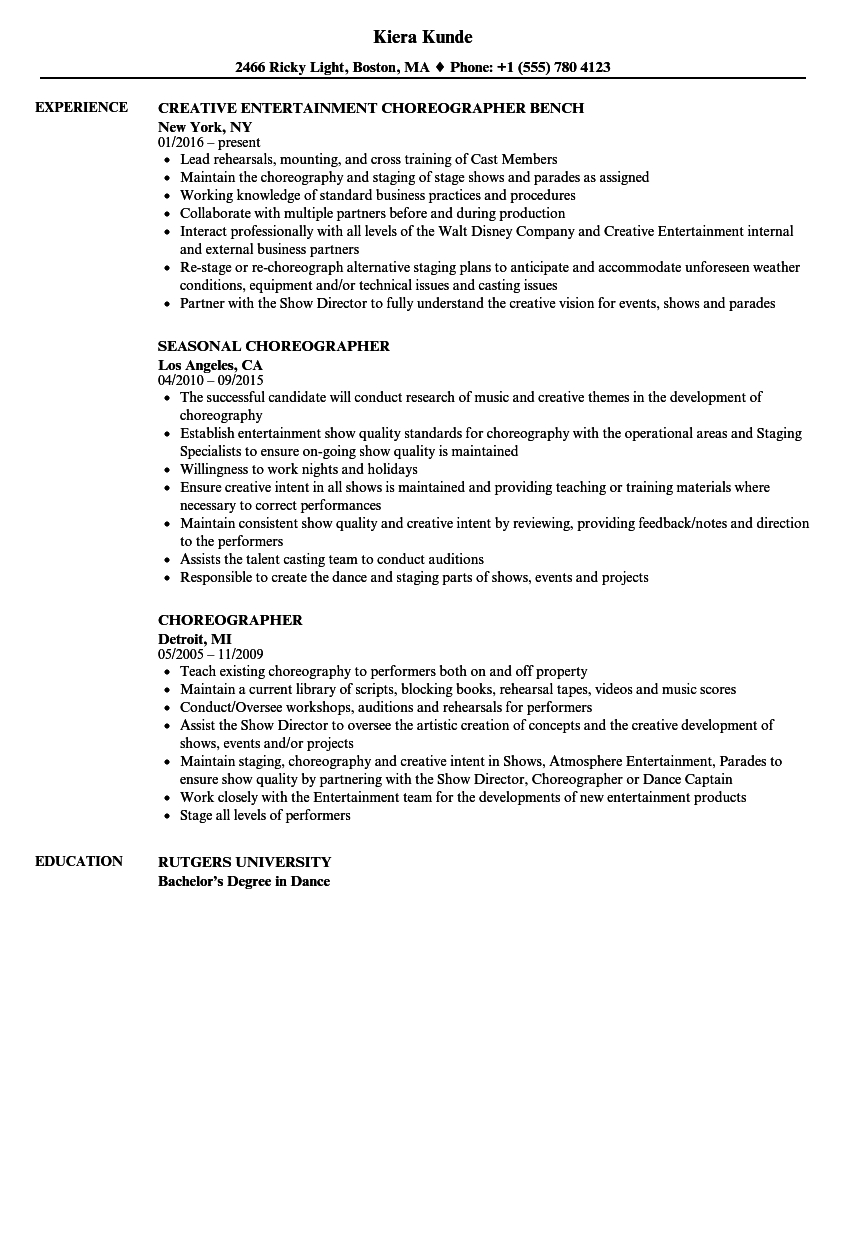 Choreographer Resume Samples Velvet Jobs throughout proportions 860 X 1240