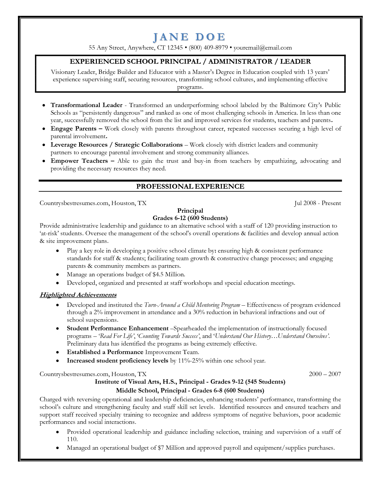 Entry Level Assistant Principal Resume Templates Senior Educator with proportions 1275 X 1650