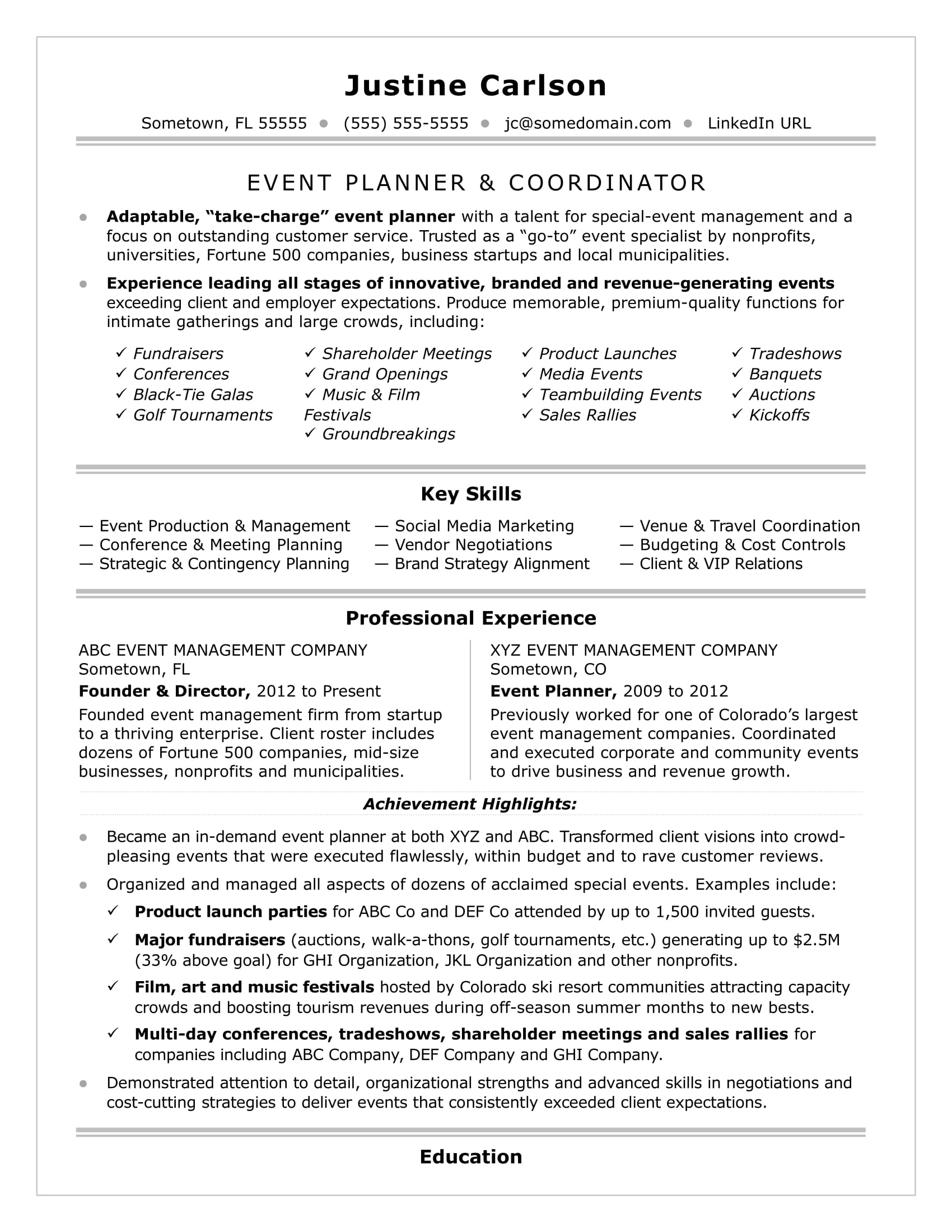 Event Coordinator Resume Sample Monster intended for size 1700 X 2200