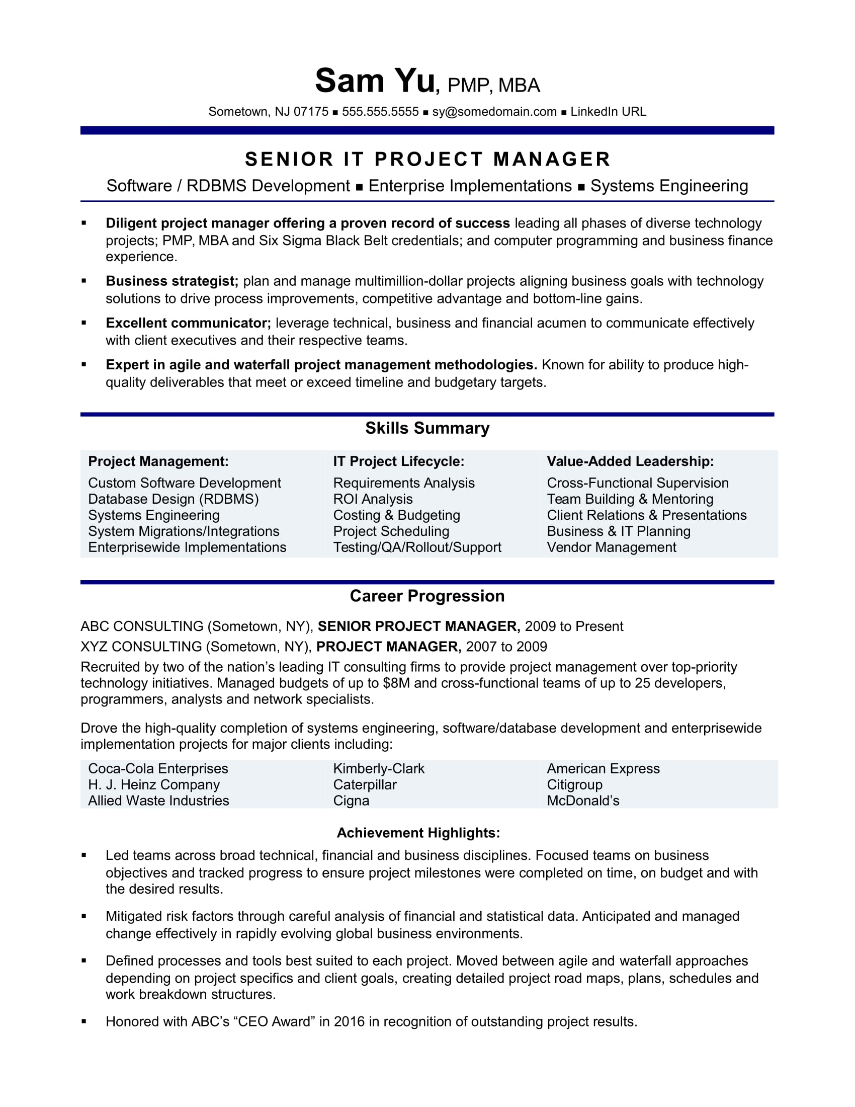 Experienced It Project Manager Resume Sample Monster intended for measurements 1700 X 2200