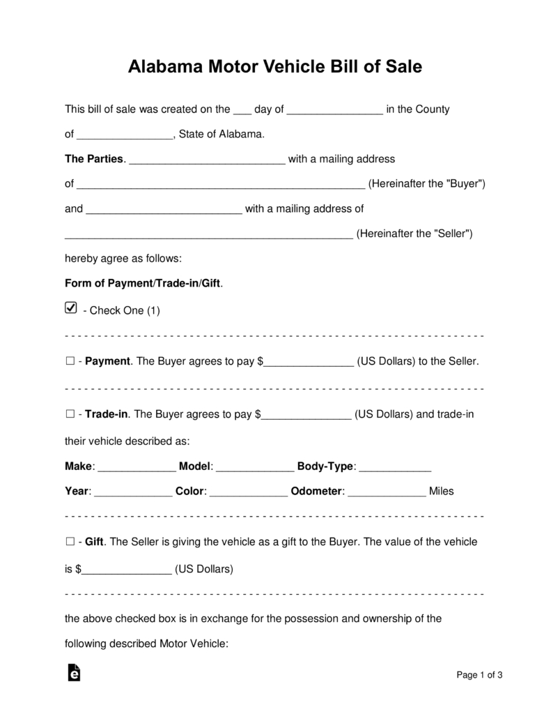 Free Alabama Motor Vehicle Bill Of Sale Form Word Pdf Eforms regarding proportions 791 X 1024