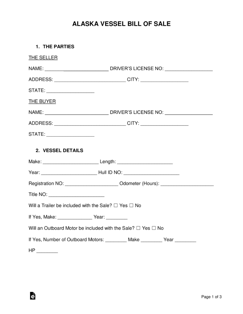 Free Alaska Vessel Bill Of Sale Form Word Pdf Eforms Free regarding measurements 791 X 1024