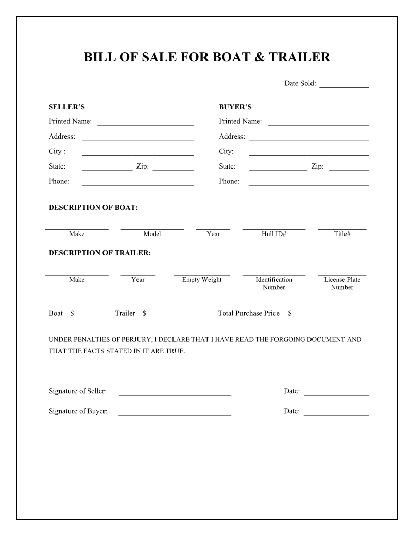 Free Boat Trailer Bill Of Sale Form Download Pdf Word regarding size 816 X 1056