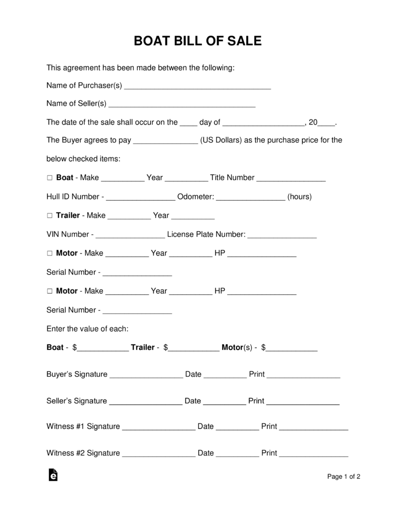 Free Boat Vessel Bill Of Sale Form Pdf Word Eforms Free within measurements 791 X 1024