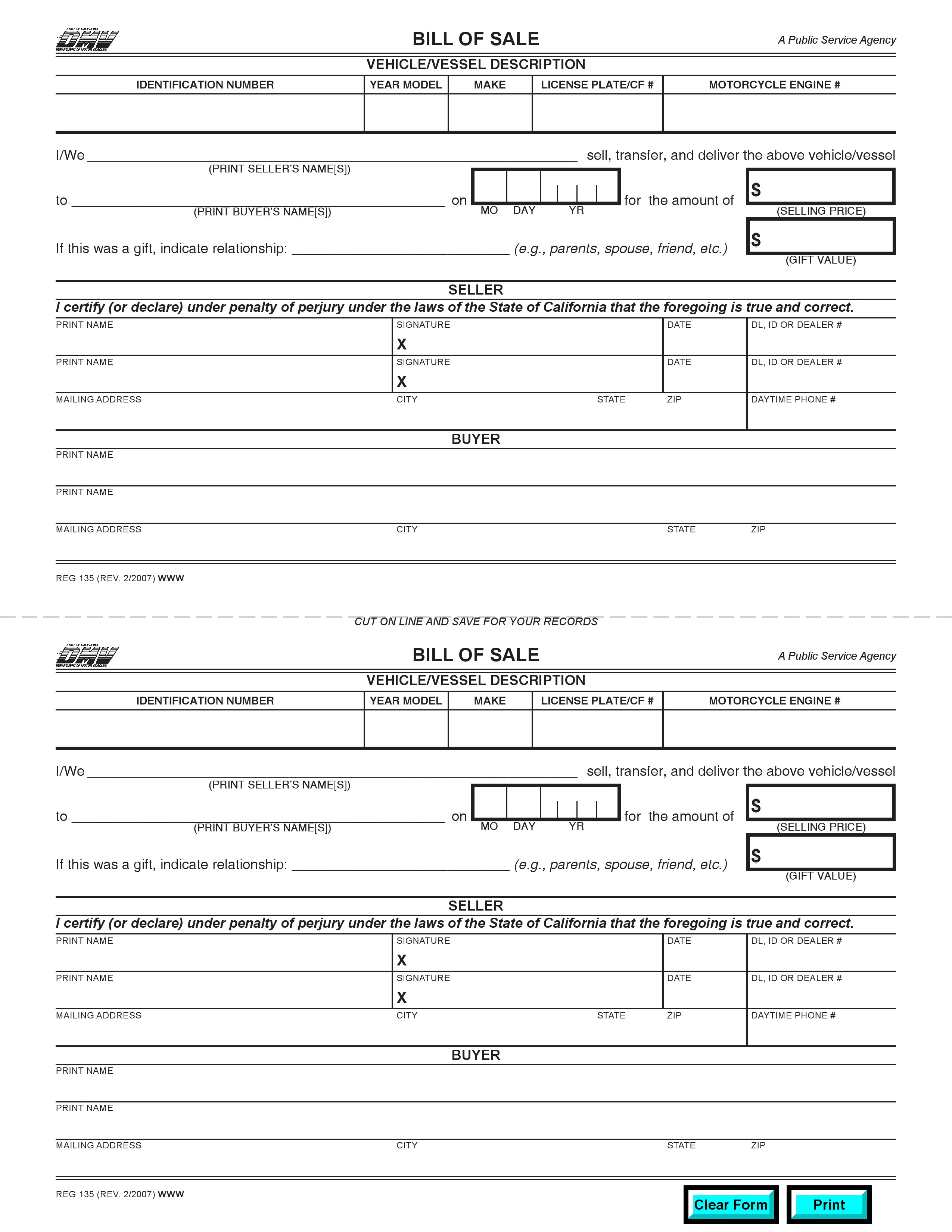 Bill Of Sale California Template Business Template Ideas