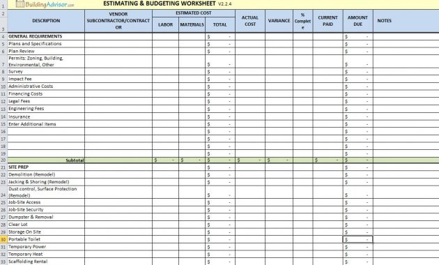 Free Construction Estimating Spreadsheet For Building And Remodeling in sizing 1126 X 733