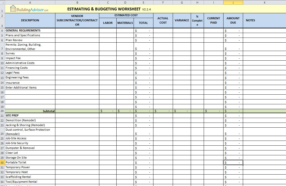 Free Construction Estimating Spreadsheet For Building And Remodeling in sizing 1126 X 733