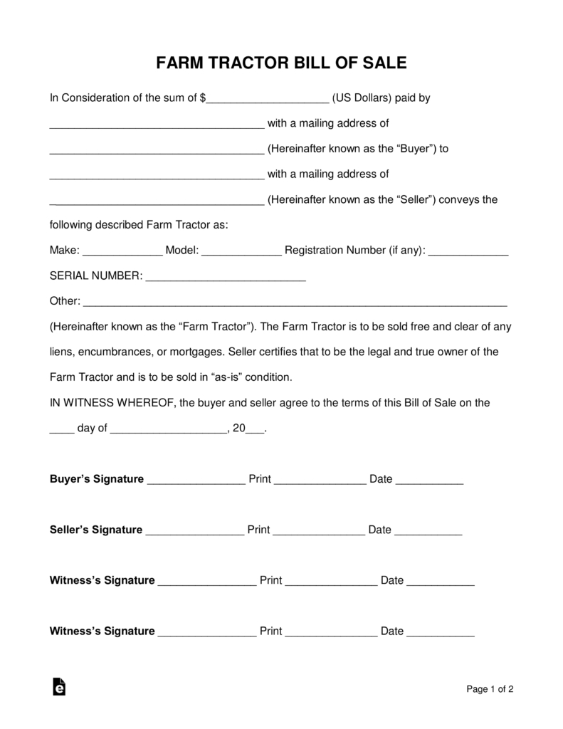 Free Farm Tractor Bill Of Sale Form Word Pdf Eforms Free with proportions 791 X 1024