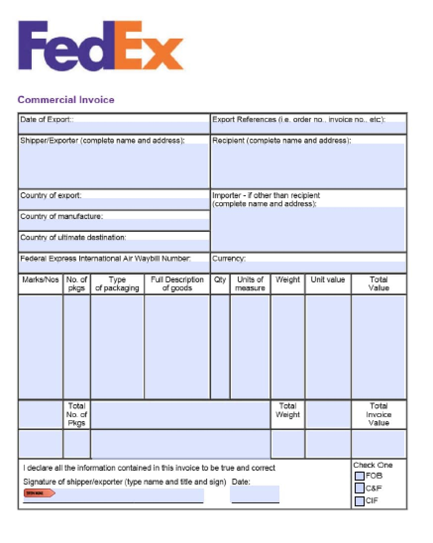 fedex commercial invoice template excel