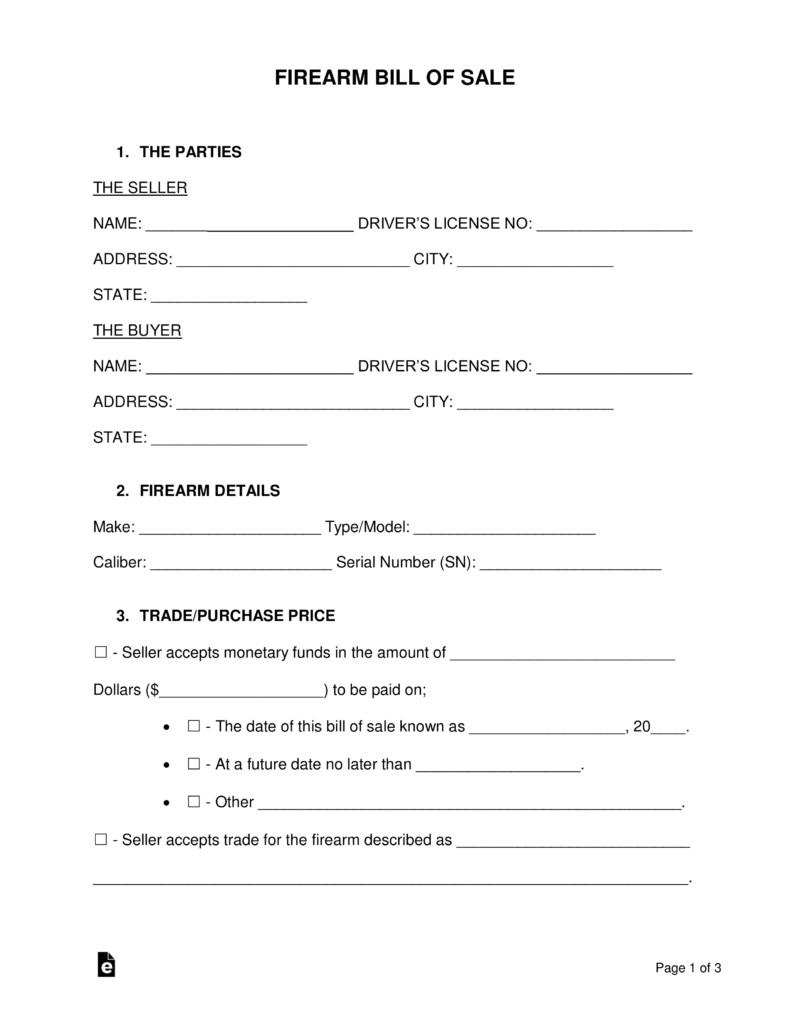 Free Firearm Gun Bill Of Sale Form Word Pdf Eforms Free for size 791 X 1024