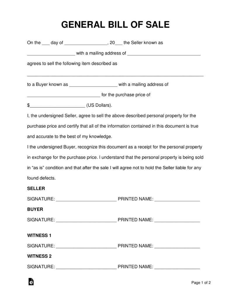 Free General Personal Property Bill Of Sale Form Word Pdf regarding measurements 791 X 1024