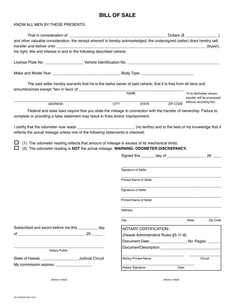 Free Hawaii Motor Vehicle Bill Of Sale Form Cslvmr 40 Pdf intended for proportions 791 X 1024