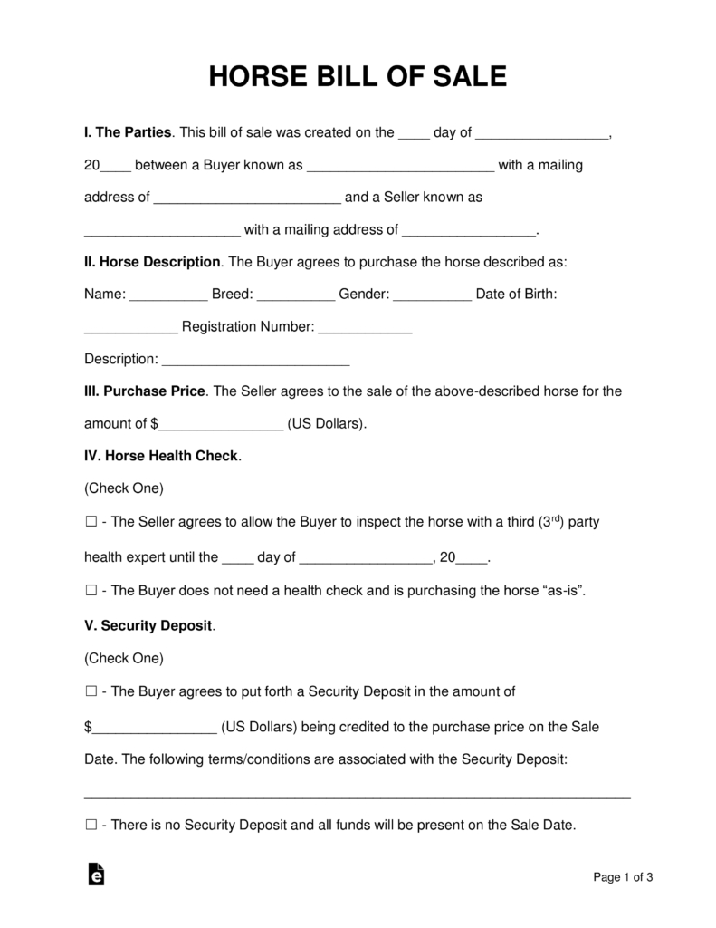 Free Horse Bill Of Sale Form Word Pdf Eforms Free Fillable Forms in measurements 791 X 1024