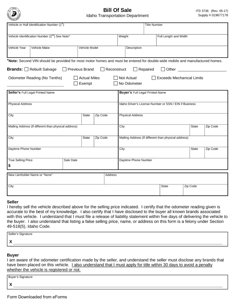 Free Idaho Bill Of Sale Forms Pdf Eforms Free Fillable Forms throughout size 791 X 1024