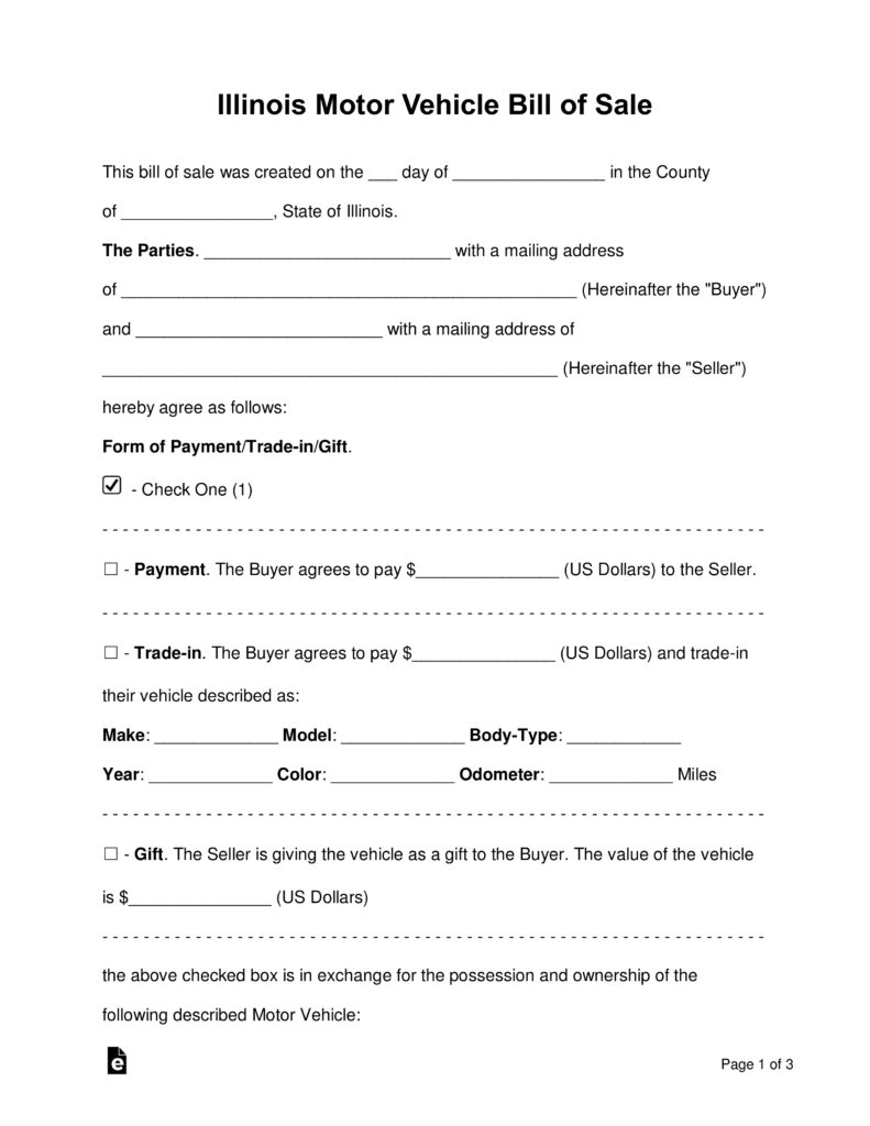 Free Illinois Bill Of Sale Forms Word Pdf Eforms Free with regard to size 791 X 1024