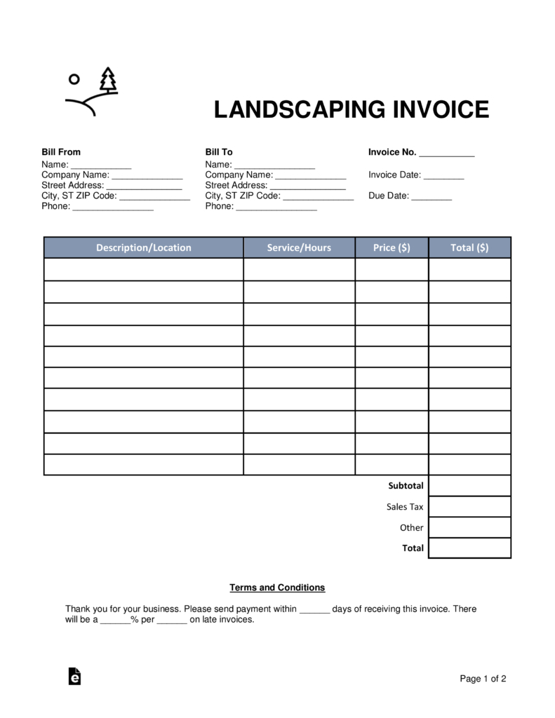 Free Landscaping Invoice Template Word Pdf Eforms Free in sizing 791 X 1024