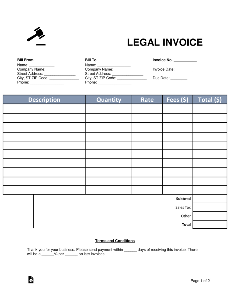 Free Lawyerattorney Legal Invoice Template Word Pdf Eforms throughout size 791 X 1024