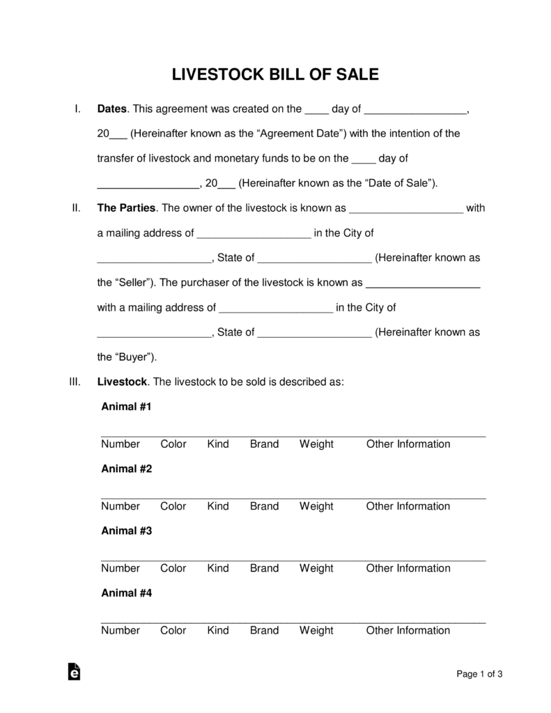 Free Livestock Bill Of Sale Form Word Pdf Eforms Free with proportions 791 X 1024