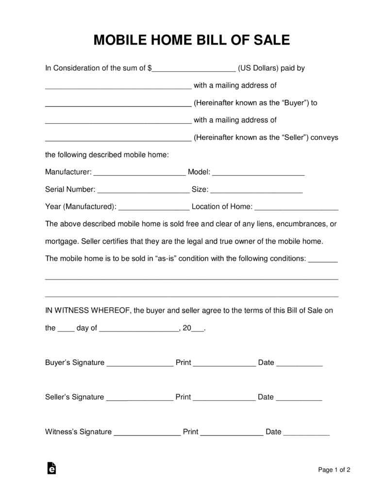 Free Mobile Manufactured Home Bill Of Sale Form Word Pdf for size 791 X 1024