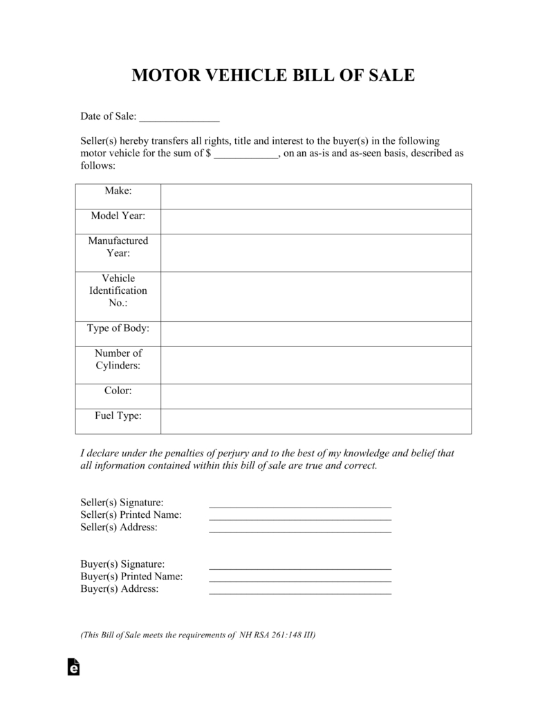 Free New Hampshire Motor Vehicle Bill Of Sale Form Pdf Eforms pertaining to measurements 791 X 1024