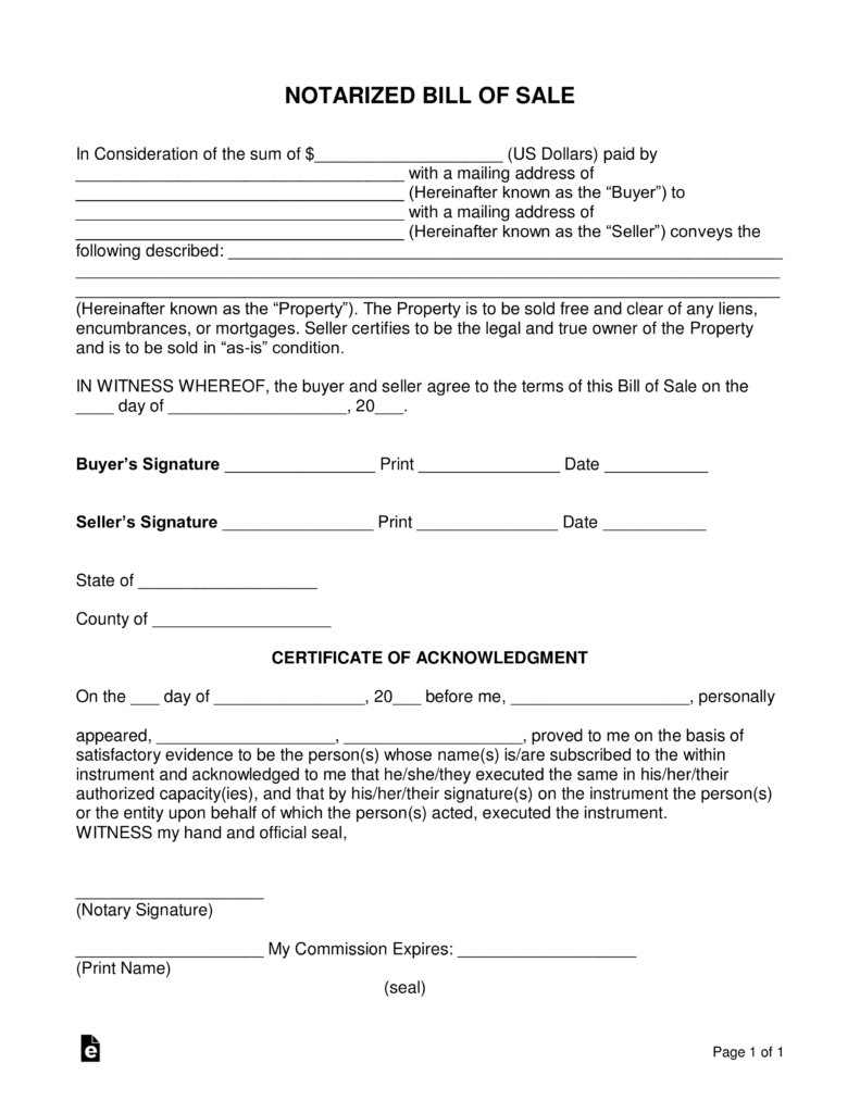 Free Notarized Bill Of Sale Form Word Pdf Eforms Free intended for dimensions 791 X 1024