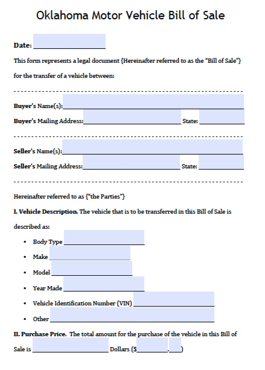 Free Oklahoma Dps Motor Vehicle Bill Of Sale Form Pdf Word Doc with measurements 878 X 1226