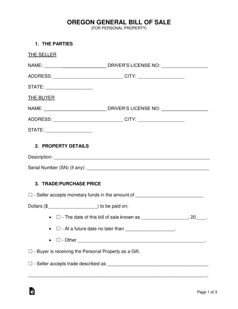 Free Oregon General Bill Of Sale Form Word Pdf Eforms Free regarding dimensions 791 X 1024