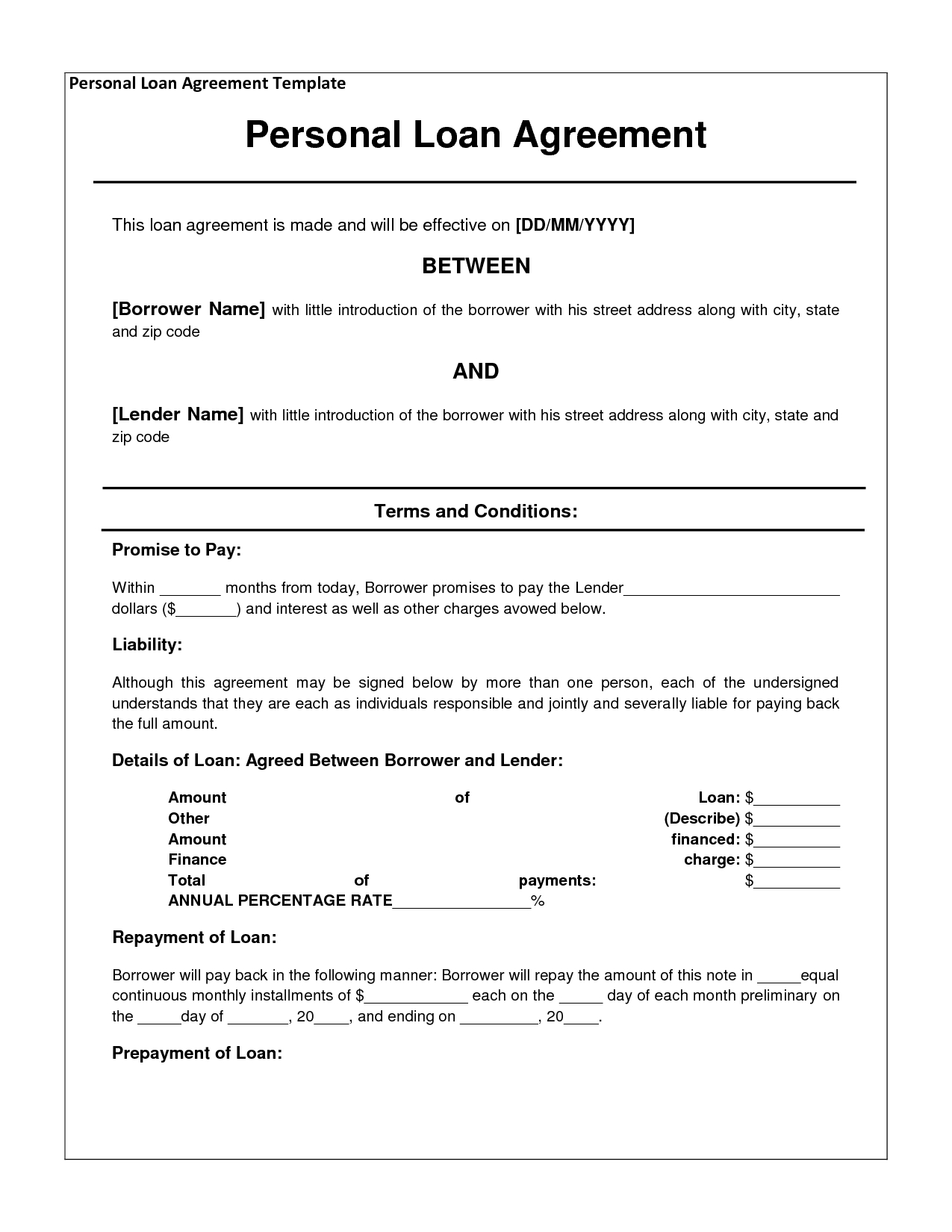 Free Personal Loan Agreement Form Template 1000 Approved In 2 for proportions 1275 X 1650