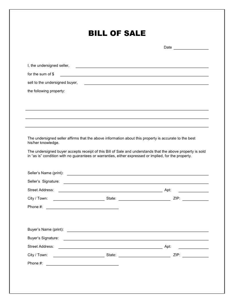 Free Printable Blank Bill Of Sale Form Template As Is Bill Of Sale in sizing 816 X 1056