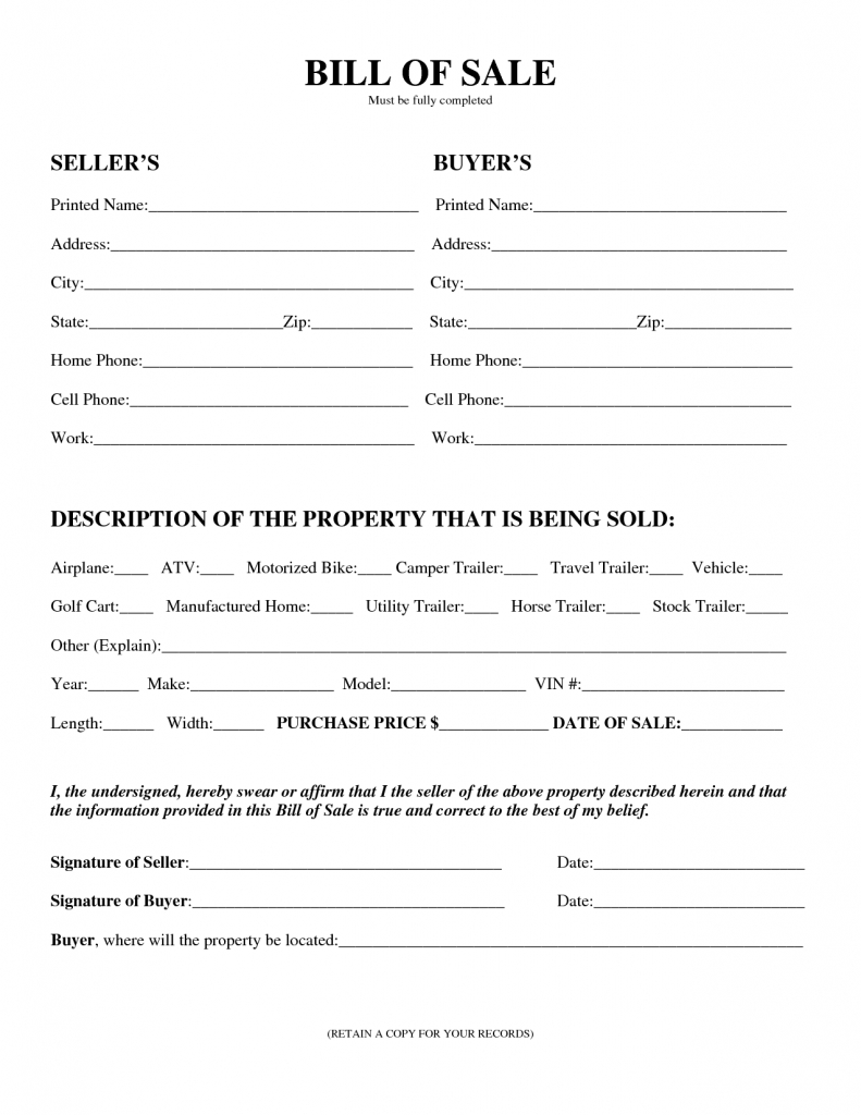 Free Printable Printable Bill Of Sale For Travel Trailer Form Generic in dimensions 791 X 1024