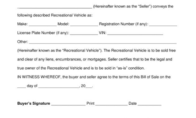 Free Recreational Vehicle Rv Bill Of Sale Form Word Pdf for sizing 791 X 1024