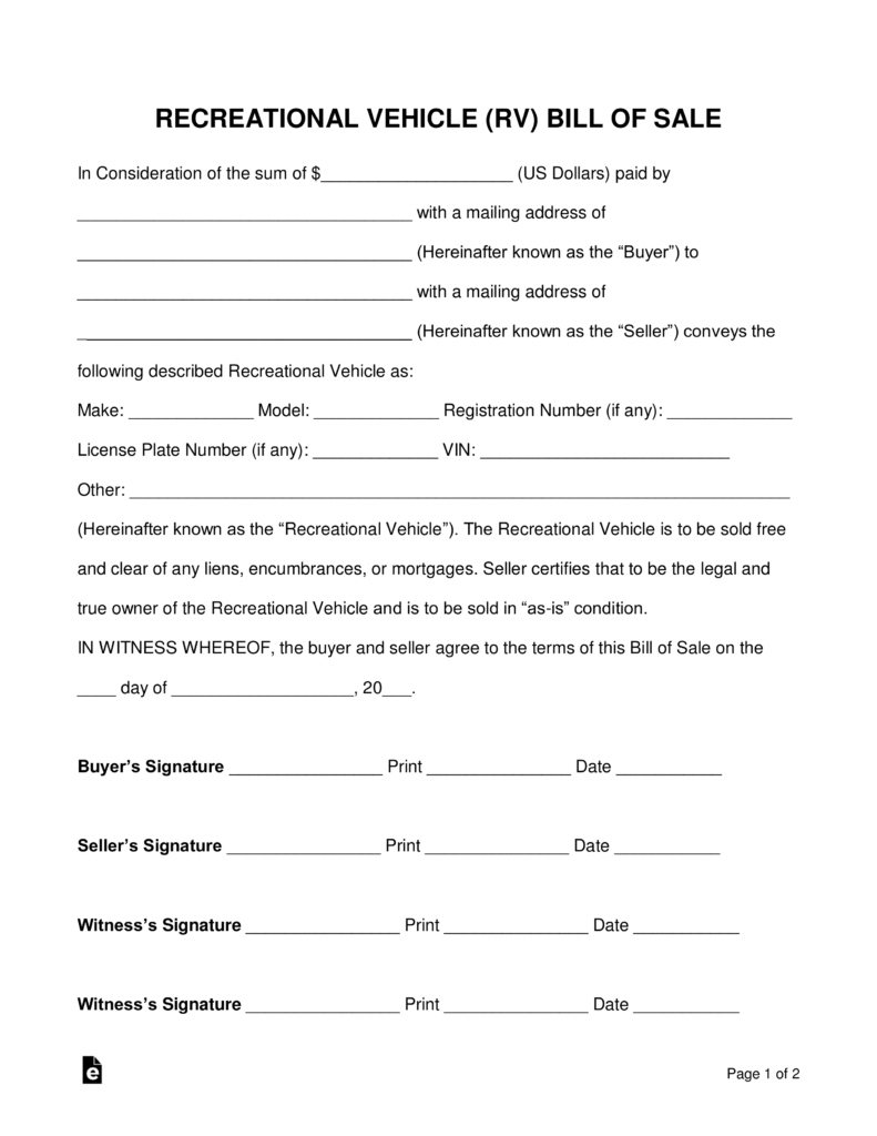 Free Recreational Vehicle Rv Bill Of Sale Form Word Pdf for sizing 791 X 1024