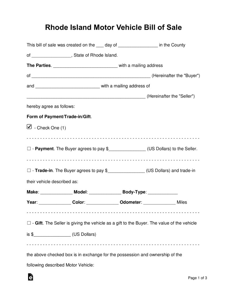 Free Rhode Island Motor Vehicle Bill Of Sale Form Word Pdf in dimensions 791 X 1024