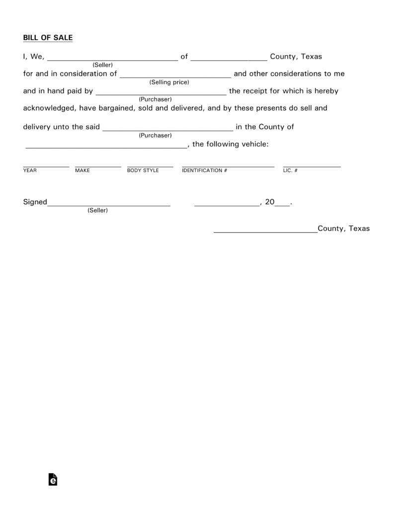 Free Texas Motor Vehicle Bill Of Sale Form Pdf Eforms Free Texas Car pertaining to size 791 X 1024