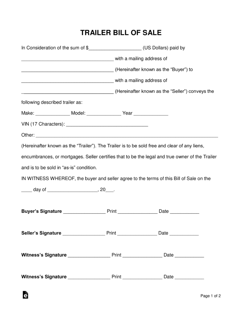 Free Trailer Bill Of Sale Form Word Pdf Eforms Free Fillable throughout size 791 X 1024