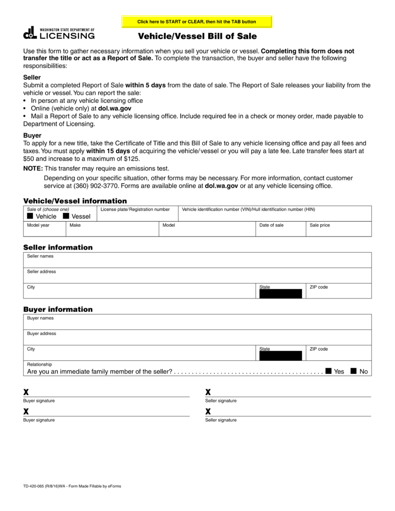 Free Washington Bill Of Sale Forms Pdf Eforms Free Fillable Forms inside proportions 791 X 1024