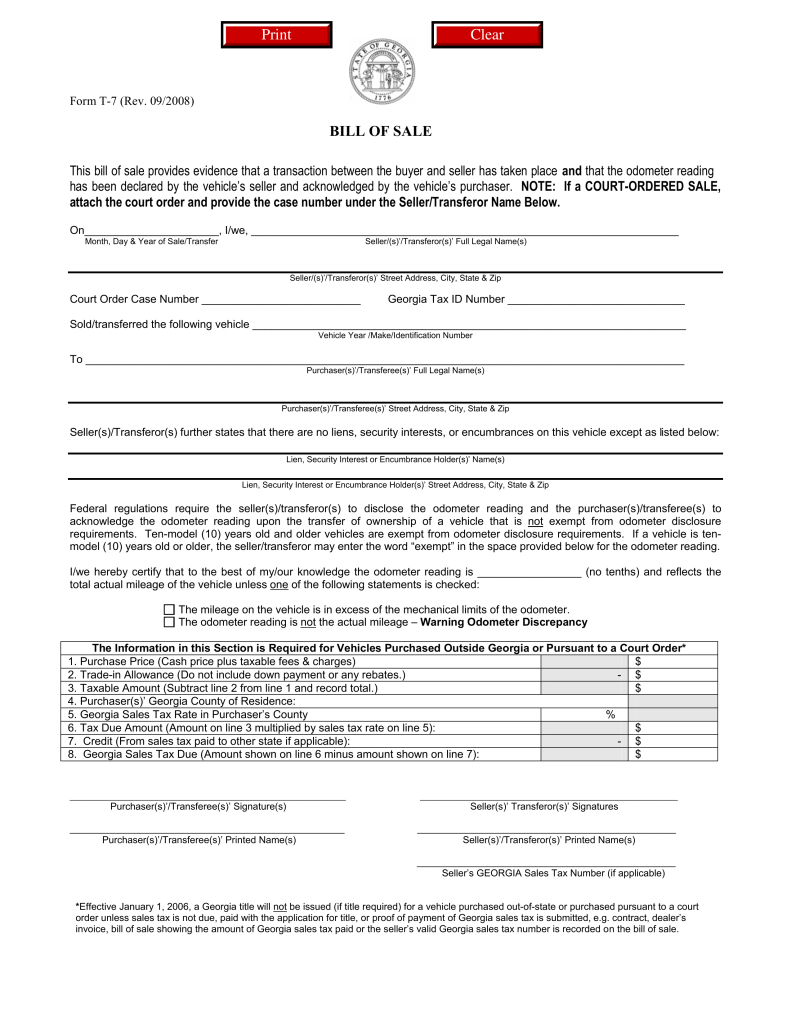 Georgia Motor Vehicle Bill Of Sale Form T 7 Eforms Free for sizing 791 X 1024