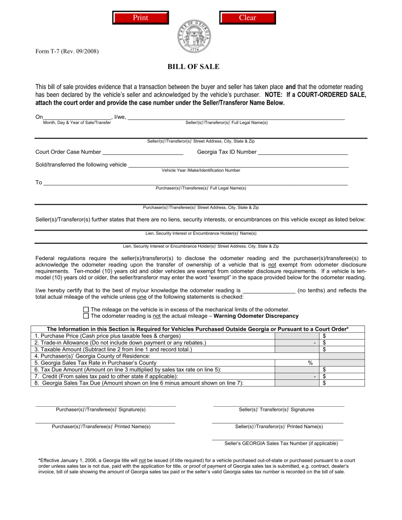 Georgia Motor Vehicle Bill Of Sale Form T 7 Eforms Free intended for dimensions 791 X 1024