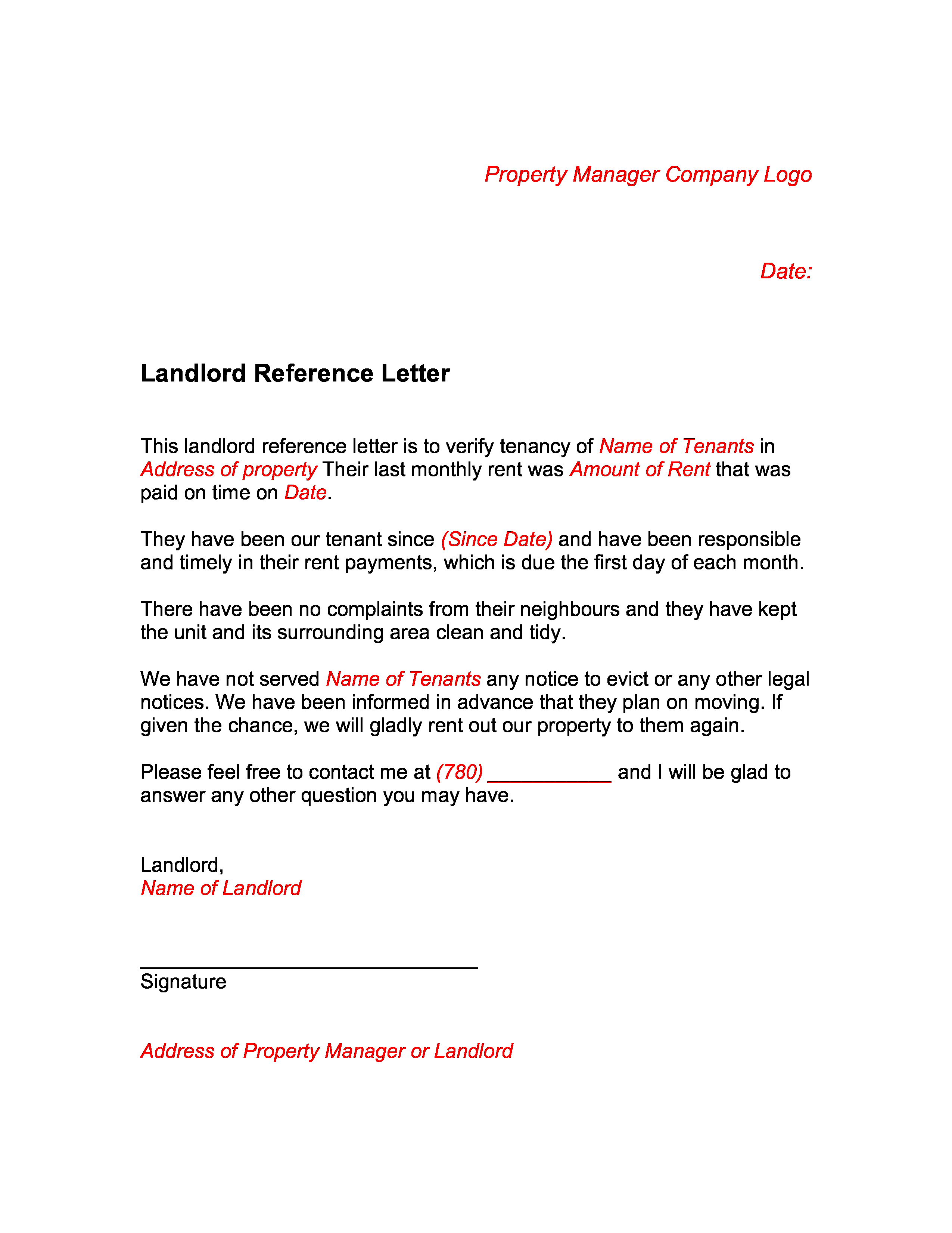 Gratis Landlord Reference Letter intended for size 2550 X 3300