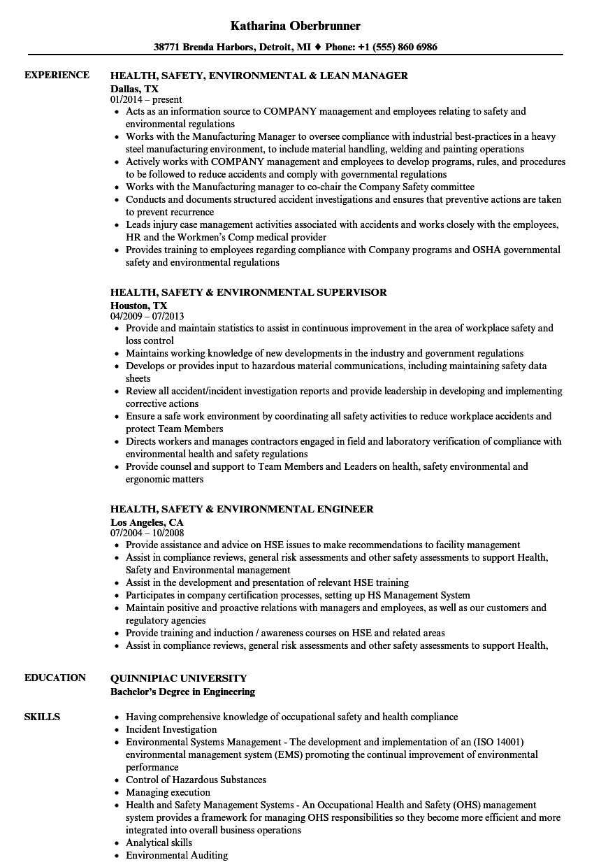 Health Safety Environmental Resume Samples Velvet Jobs pertaining to size 860 X 1240